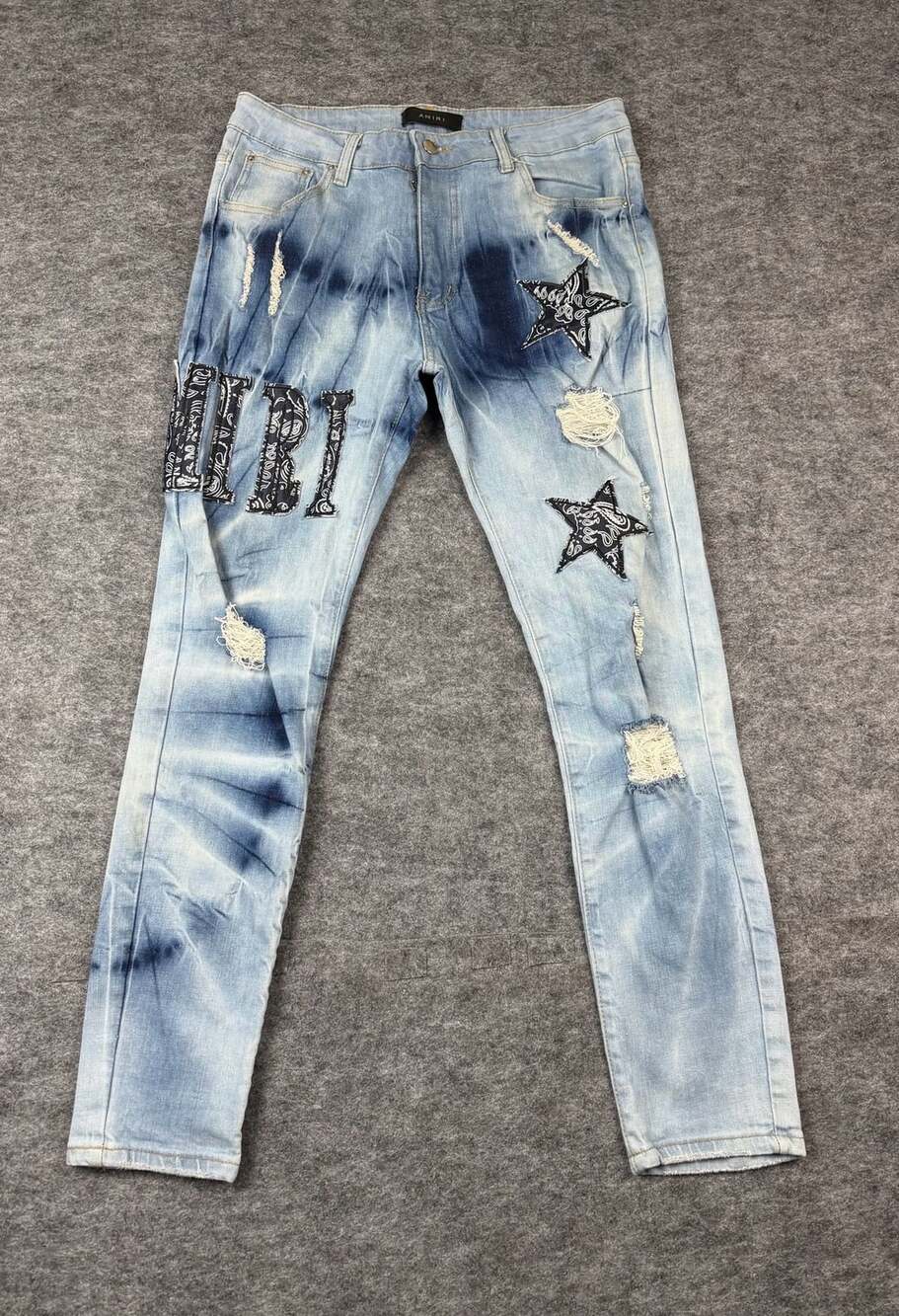 Amiri Tie Dye Bandana Patch Jeans Blue Light Wash Distressed Star